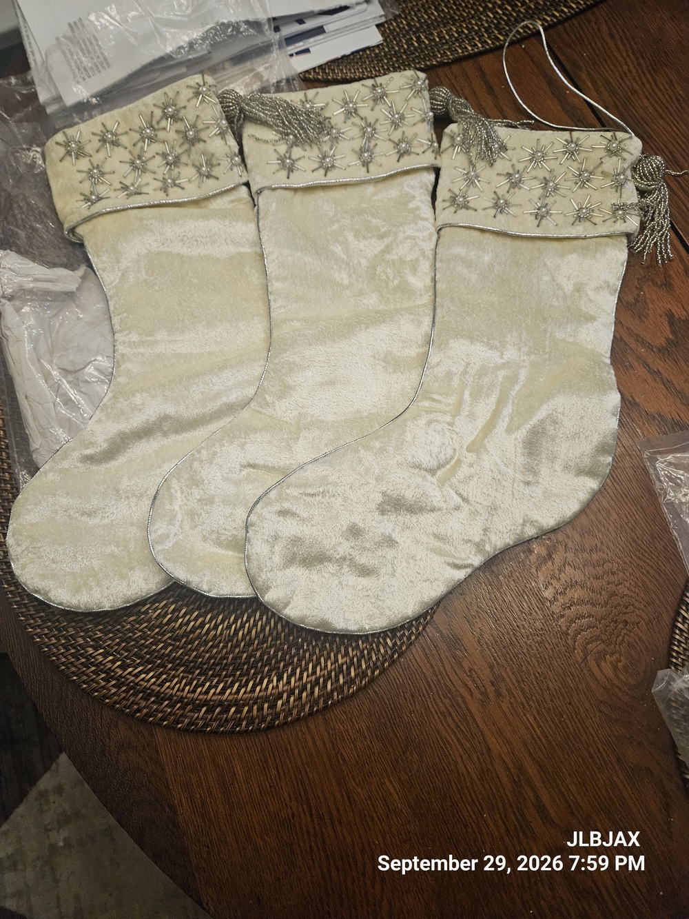 Velvet Ivory Christmas Stockings with Silver Star Embellishments - Set of 3